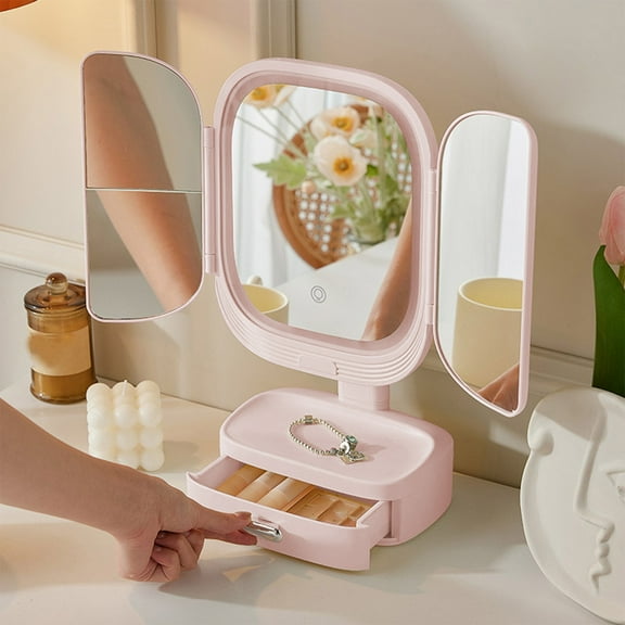 Hovmgk LED Makeup Mirror with Lights, Rotatable Desktop Mirror for Bedroom, Multifunctional Beauty Mirror with Storage for Cosmetics, Portable & Elegant Design, Beige/Pink/White