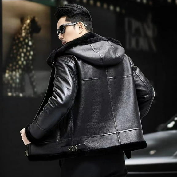 New Men's Winter Coat Real Natural Sheepskin Shearling Leather Jacket for Male Thick Wool Liner Hooded Black Plus Size 58 60 62 64,64,Black