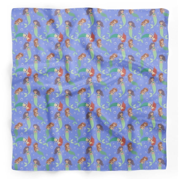 Bimba Blue Bubbles & Mermaid Ocean Printed Pure Silk Scarf Neck Wrap Summer Hair Bandanas For Women 40 x 40 Inches