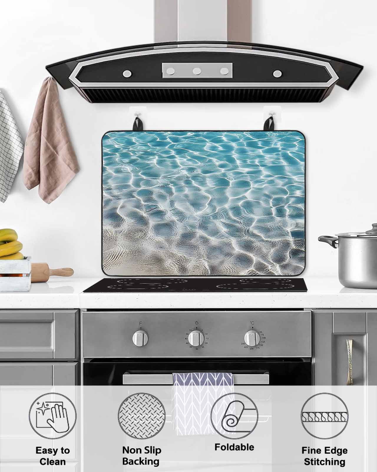 nqOlkjepod Large Induction Cooktop Protector Mat 36"x21", Summer Ocean Stove Top Covers for Electric Stove, Blue Water Ripple Farmhouse Texture Stove Burner Cover Mats, Glass Top Stove Cover