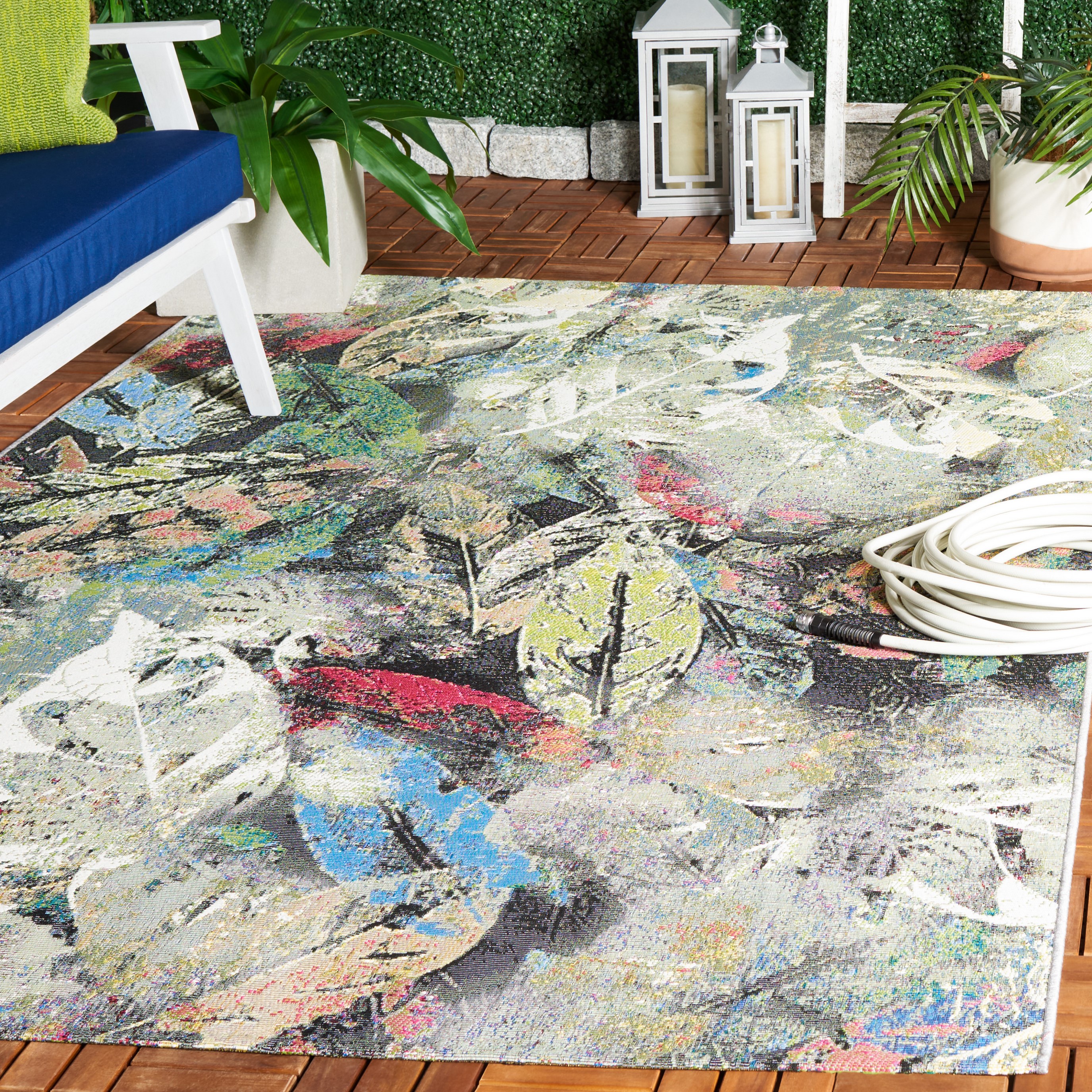 SAFAVIEH Barbados Eamon Botanical Indoor/Outdoor Area Rug, Black Green/Pink, 8' x 10'5"