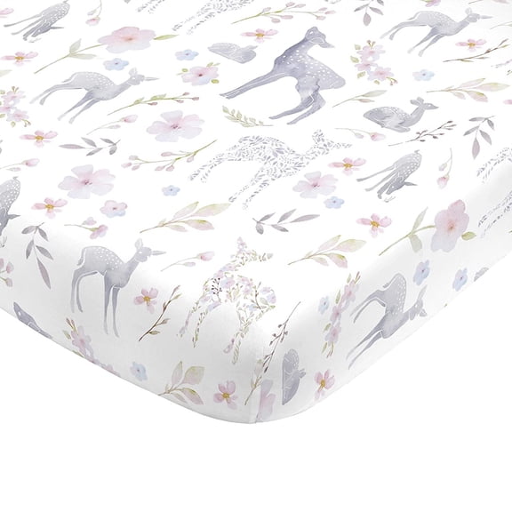 NoJo Super Soft Floral Deer Nursery Mini Crib Fitted Sheet, Grey, Light Blue, Pink, White