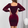 thumbnail image 4 of Vestido de manga larga con farol, cuello cuadrado, plisado en el pecho, sin espalda, ajustado, vestido cruzado en la cadera para cita, fiesta, trabajo, 4 of 8