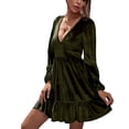 thumbnail image 1 of Vestido con cuello en V profundo Manga larga abullonada Dobladillo con volantes Cuello en V profundo Cintura alta Vestido de manga larga para fiesta de verano Vacaciones Verde oscuro L, 1 of 7