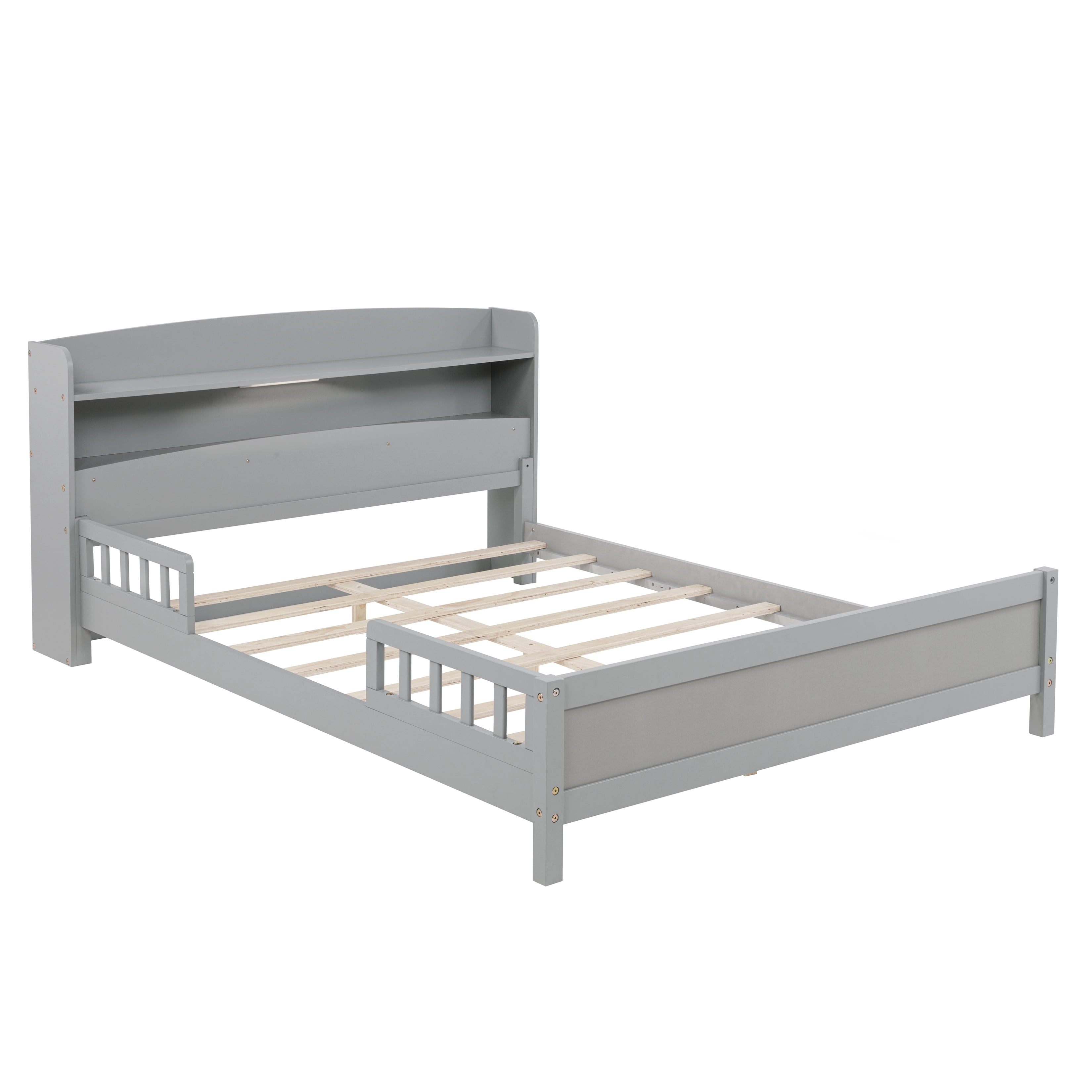 Alvantor Full Size Wood Bed with Bookcase Headboard, LED Sensor Light, Grey