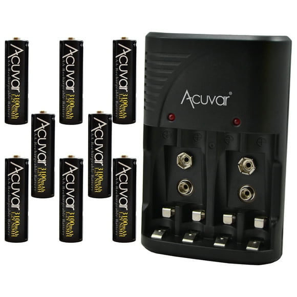 8 Piles AA Rechargeables + Chargeur de Piles 3 en 1 pour Piles Double AA, Triple AAA et 9V