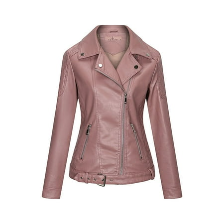 

nsendm Women Ladies Lapel Motor Jacket Coat Zip Biker Short Punk Cropped Cot Outerwear Working Jackets for Women Coat Pink Large
