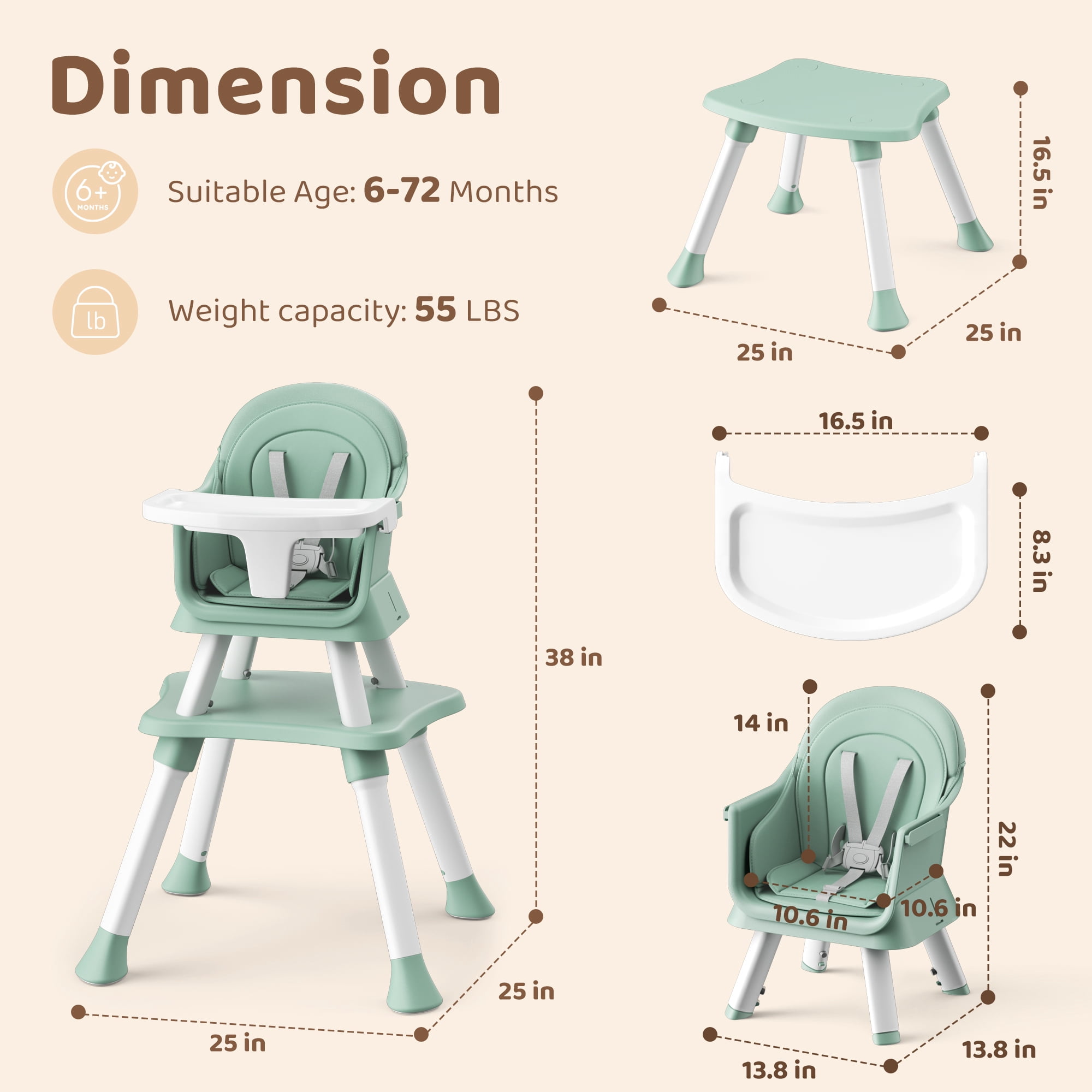 AILEEKISS 8-in-1 Baby High Chair, Toddler Booster Seat with Dishwasher-Safe Tray, Green