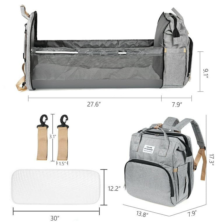 Travel Diaper Bag, 3 in 1 Backpack, Foldable Crib, Portable Baby Changing  Bag, Waterproof, Large Capacity, Gray 