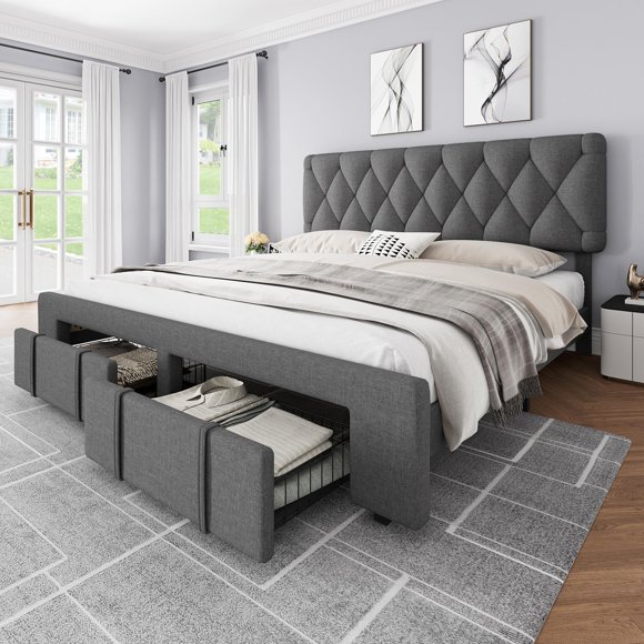 QinaQin Bed Frame, Upholstered Platform Bed Frame with Storage Drawers, soli-d Wood Slats Supporting Mattress Base, No Spring Mattress Required