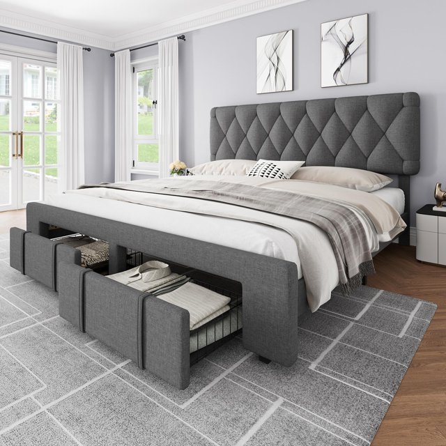 BeesClover Full Size Upholstered Platform Bed Frame with Storage Drawers, Solid Wood Slats, No Box Spring Needed, Suitable for Bedroom