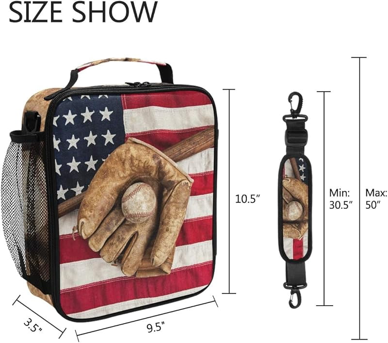 Lunch Box Bag Vintage Ball Baseball American Flag Lunchbox Insulated Thermal Cooler Ice Adjustable Shoulder Strap for Women Men