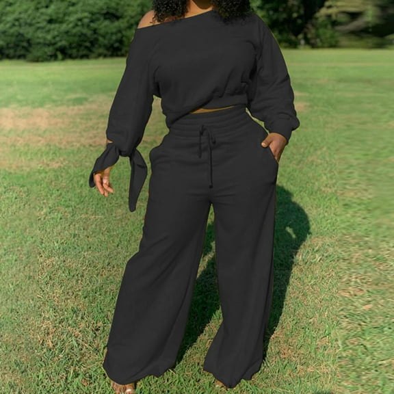Sriper Lounge Sets for Women Fashion Lounge 2 Piece Outfits Off The Shoulder Long Sleeve Crop Tops Soild Color Comfy Sweatpants High Waisted Baggy Wide Leg Pant Casual Sweatpants Streetwear Workout