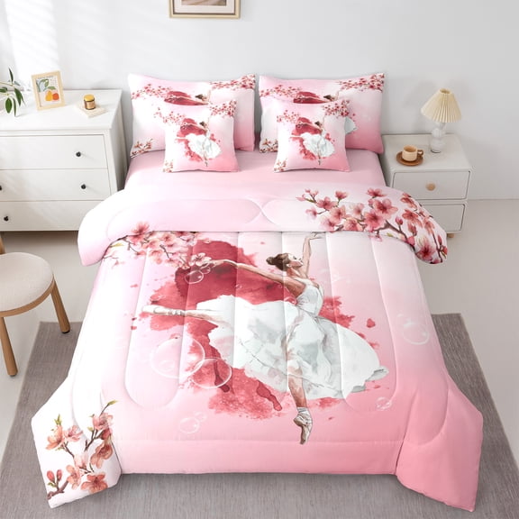 Homewish Kawaii Ballet Princess Twin Bedding Sets 7-Piece, Pink Cherry Blossoms Bedding Comforter Set, Chic Watercolor Artwork Reversible Sheet Sets, Ultra Soft Bedroom Decor