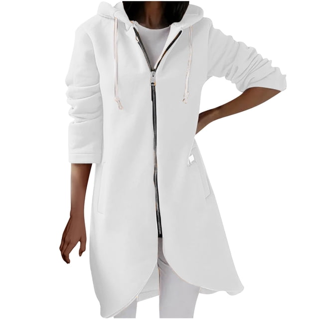 Posijego Veste à Capuche Longue à Fermeture Éclair pour Femmes avec Cordon de Serrage Manches Longues Vestes Décontractées Automne Hiver Manteaux