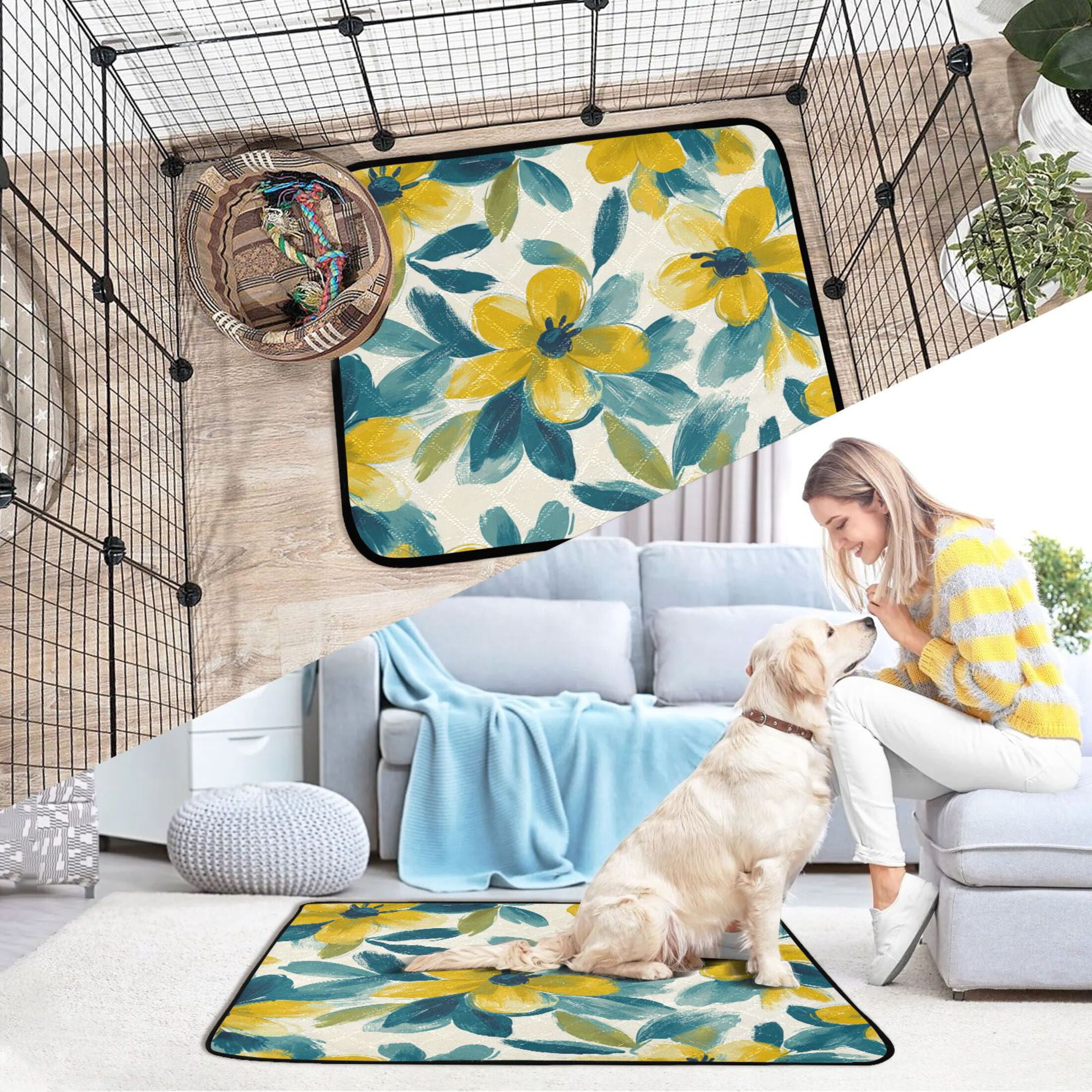 Qxltty Yellow and Teal Flowers Cat litter Pads Pet Set of 2 Diaper Mats Center Anti-leakage Layer Absorbent Soft and Comfortable