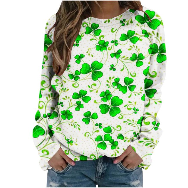 QIPOPIQ T-Shirts à Manches Longues pour Femmes Col Rond St. Patrick's Day T-Shirts s Col Rond Imprimé Trèfle T-Shirt Vert Chanceux Haut/chemise St Patricks Day Pull Fin Offres de Vacances