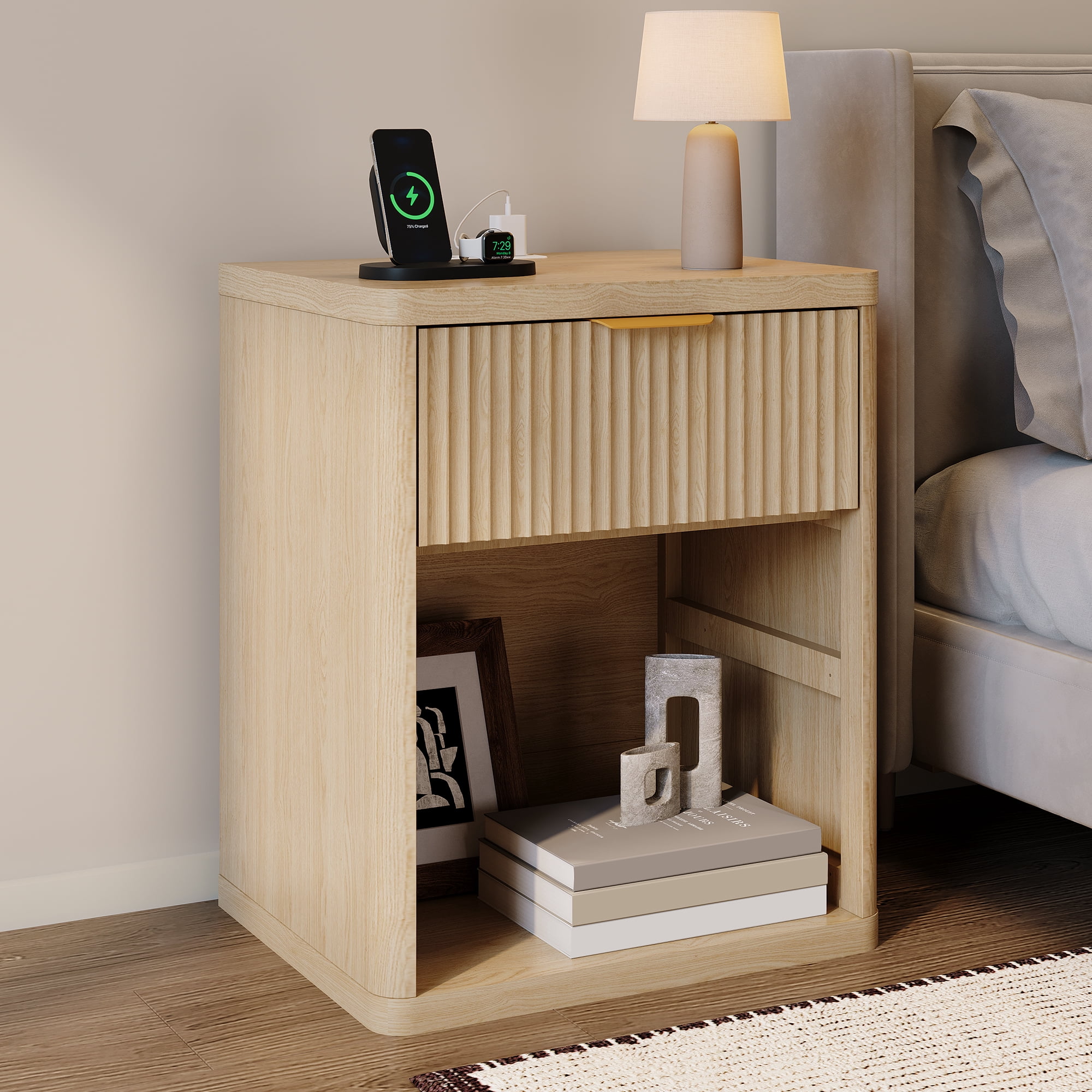 Fluted Nightstand with Charging Station and 1 Drawer and Open Storage Mid Century Modern Bedside Table with Rounded Corners Wood Side End Table for Bedroom Living Room