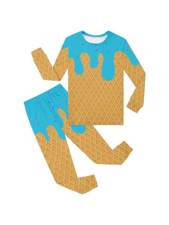 Pajamas Set For Girls Boys Ice Cream Print Crewneck Tops And Pants Pjs Set Cozy Homewear Long Sleeve Clothing Set Size 2-10 Years, Blue