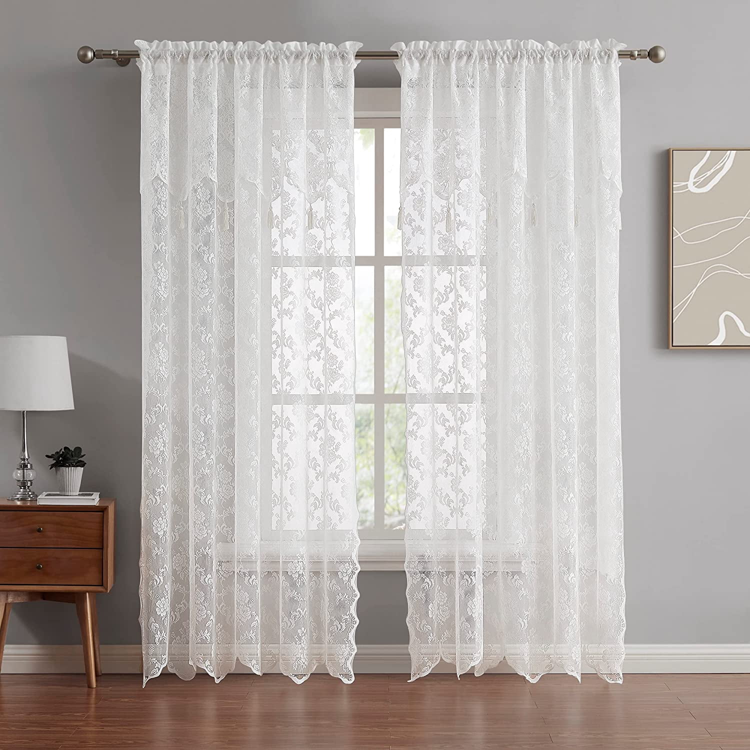 WARM HOME DESIGNS Luxury 84 Inches Long Ivory Lace Curtains with Valance and Tassels for Living Room, Dining Room or Bedroom. MC Ivory 84