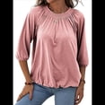 thumbnail image 2 of Camiseta de Cuello Redondo para Mujer, Blusa de Algodón de Media , Mangas 3/4, Informal, Holgada, Plisada, Básica. Rosa XXL, 2 of 7