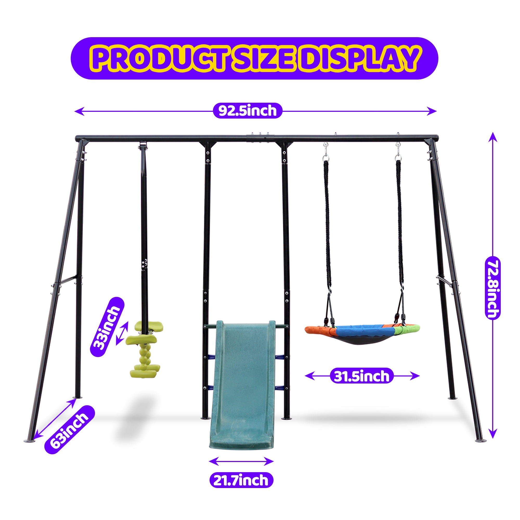 440lbs Swing Sets for Backyard, 3 in 1 Toddler Swing Set Outdoor for Kids 3-8, 1 Saucer Swing, 1 Glider and 1 Slider Swing with Heavy Duty Outdoor A-Frame Metal Swing Stand for Playground, Playset