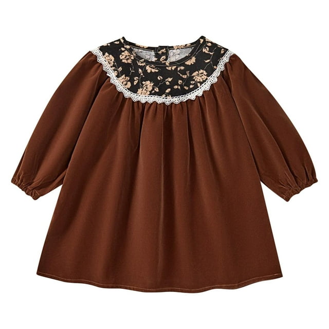 Odeerbi Vestido de Princesa de Encaje Floral de Terciopelo Para Niñas 2-8 Años Vestido de Algodón de Manga Larga Y Cuello Redondo Para Niños