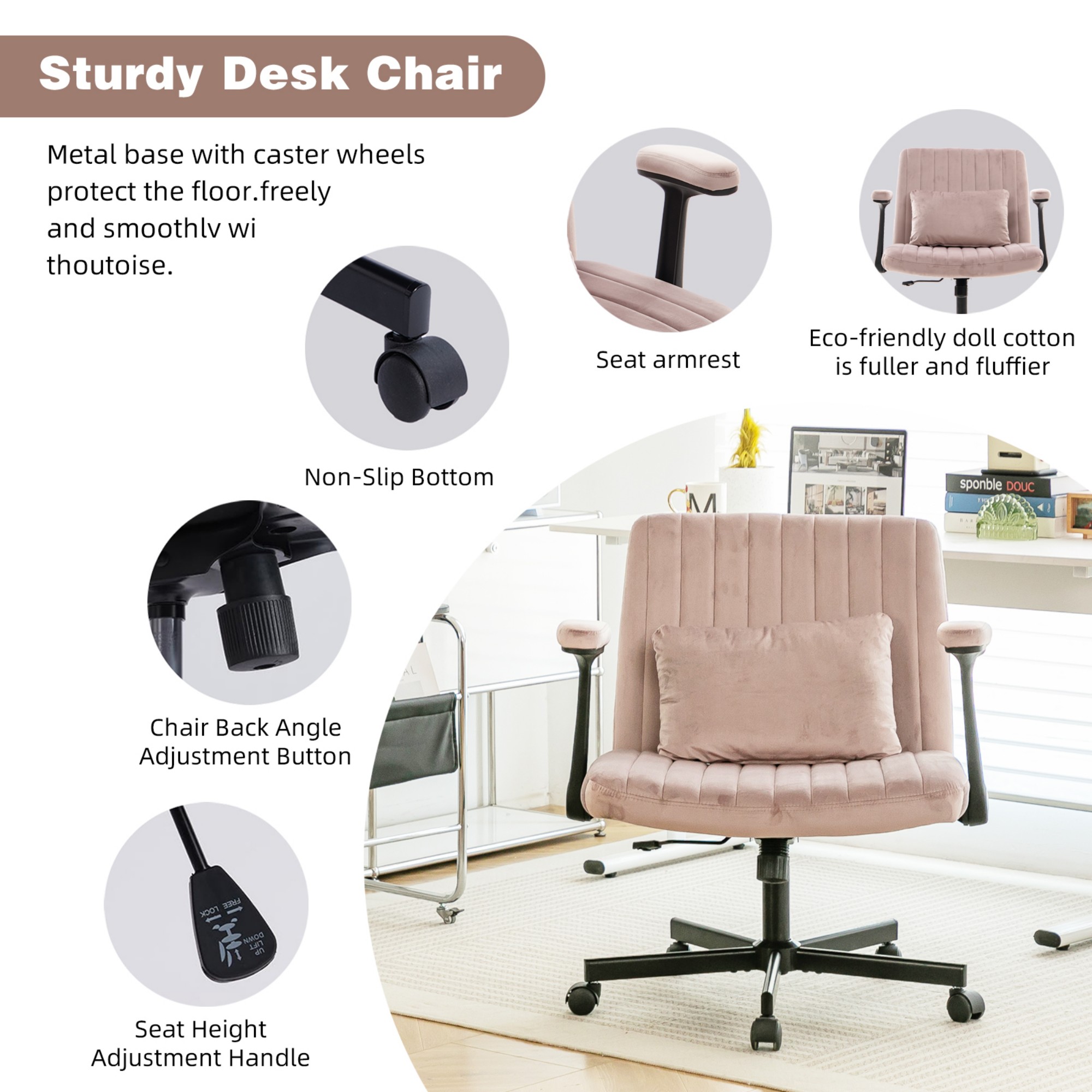 Leumius Velvet Office Chair Criss Cross Legged Chair with Wheels,Reading Chair Vanity Task Desk Chair for Home Office,Blue