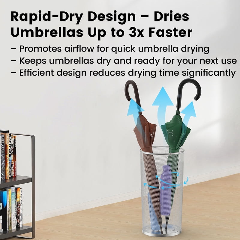 DUNCHATY 4-Pack 20" Metal Round Umbrella Stand Rack, Freestanding Umbrella Holder Bin, Canes Walking Sticks Holder and Wrapping Paper Storage Organizer, Silver
