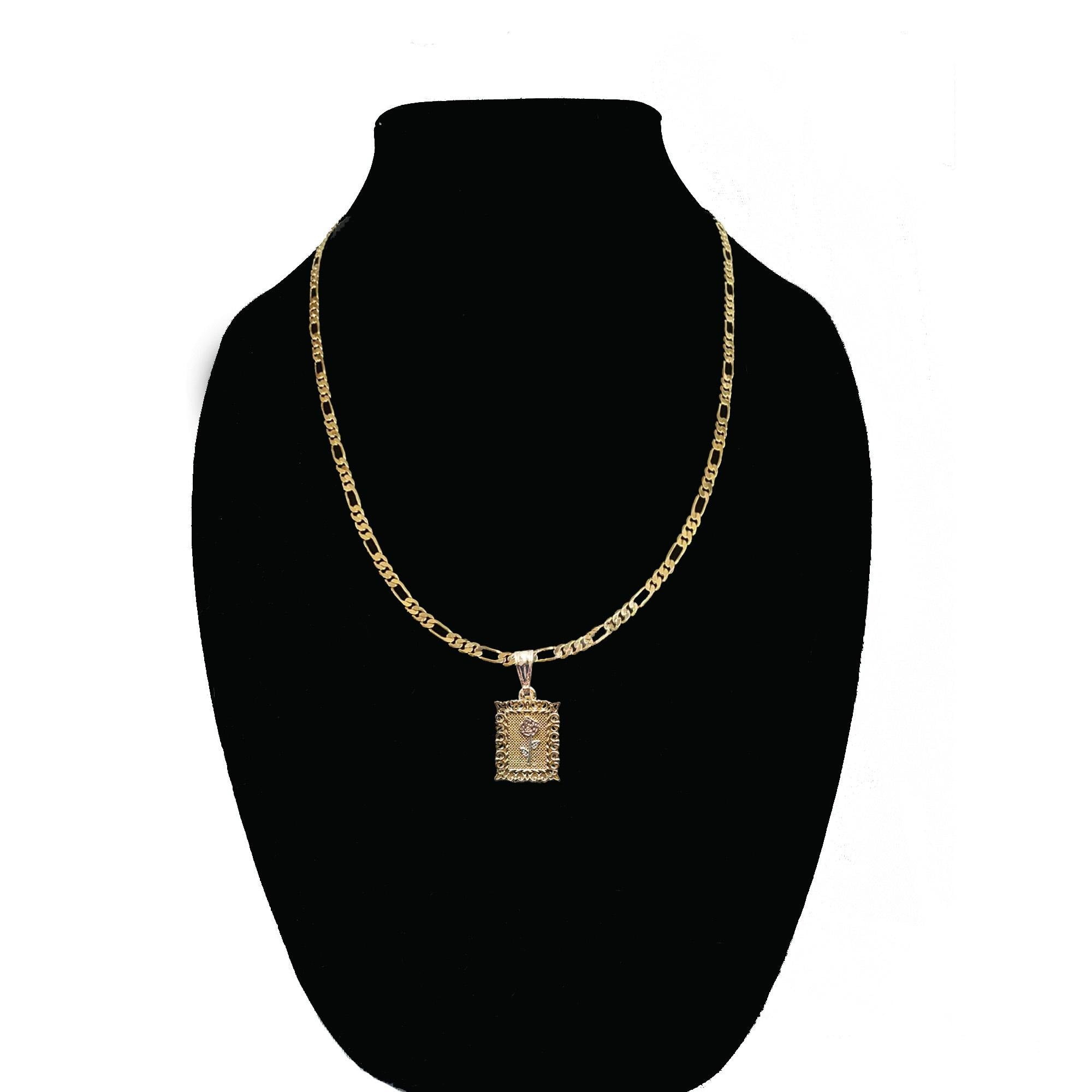 14k Bonded Gold Necklace with Square Rose Pendent, Best Christmas Unisex Gift for Women, Men Mother, Father, Girlfriend, Boyfriend, Her, Him, Figaro Chain with Charm by Artisan Jeweler