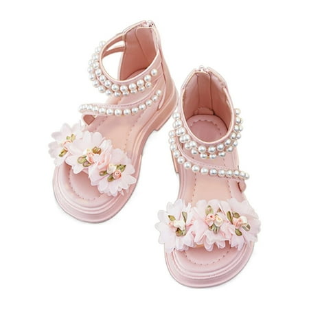 Kureaily Girls  Sandals Summer Children s Soft Sole Shoes Girls  Pearl Flower Decoration Shoes Baby Beach Shoes Slides Kids Girls Flip Flops for Toddlers 6-7 Years