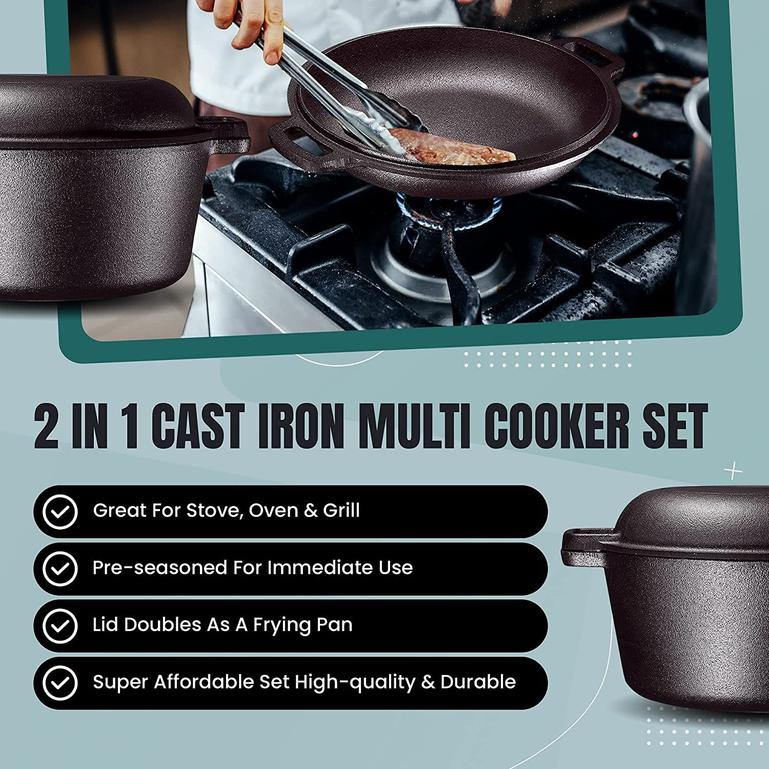 Bruntmor 5-Quart Enameled Cast Iron Dutch Oven with Skillet Lid - Versatile  Cookware – RoomDividersNow