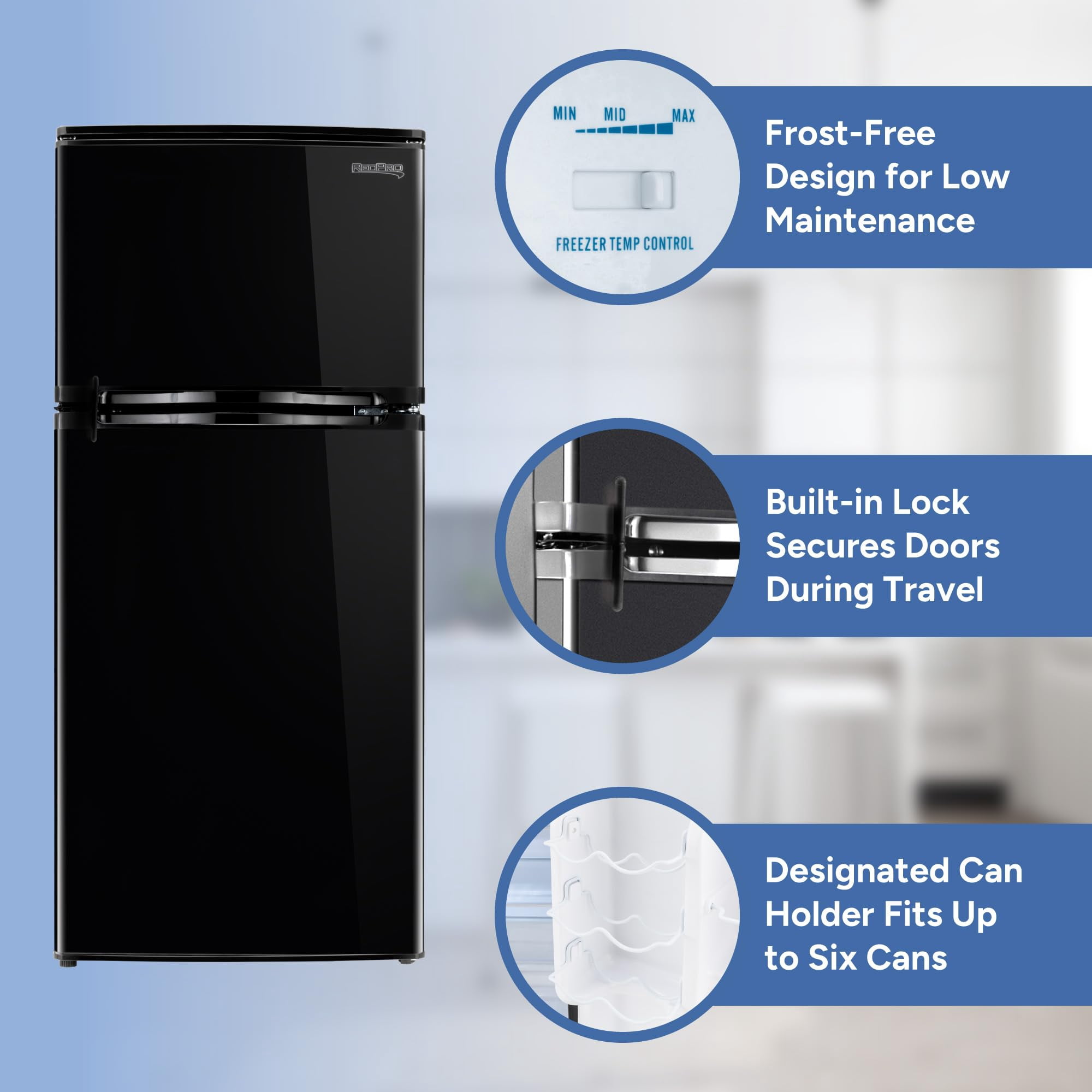 RecPro 4.4 Cu Ft 12V RV Refrigerator with Freezer | Frost-Free, Black Finish | Adjustable Shelves, Reversible Door, Built-In Lock | Off-Grid Camper Fridge | 19.5”W x 23.5”D x 43.5”H