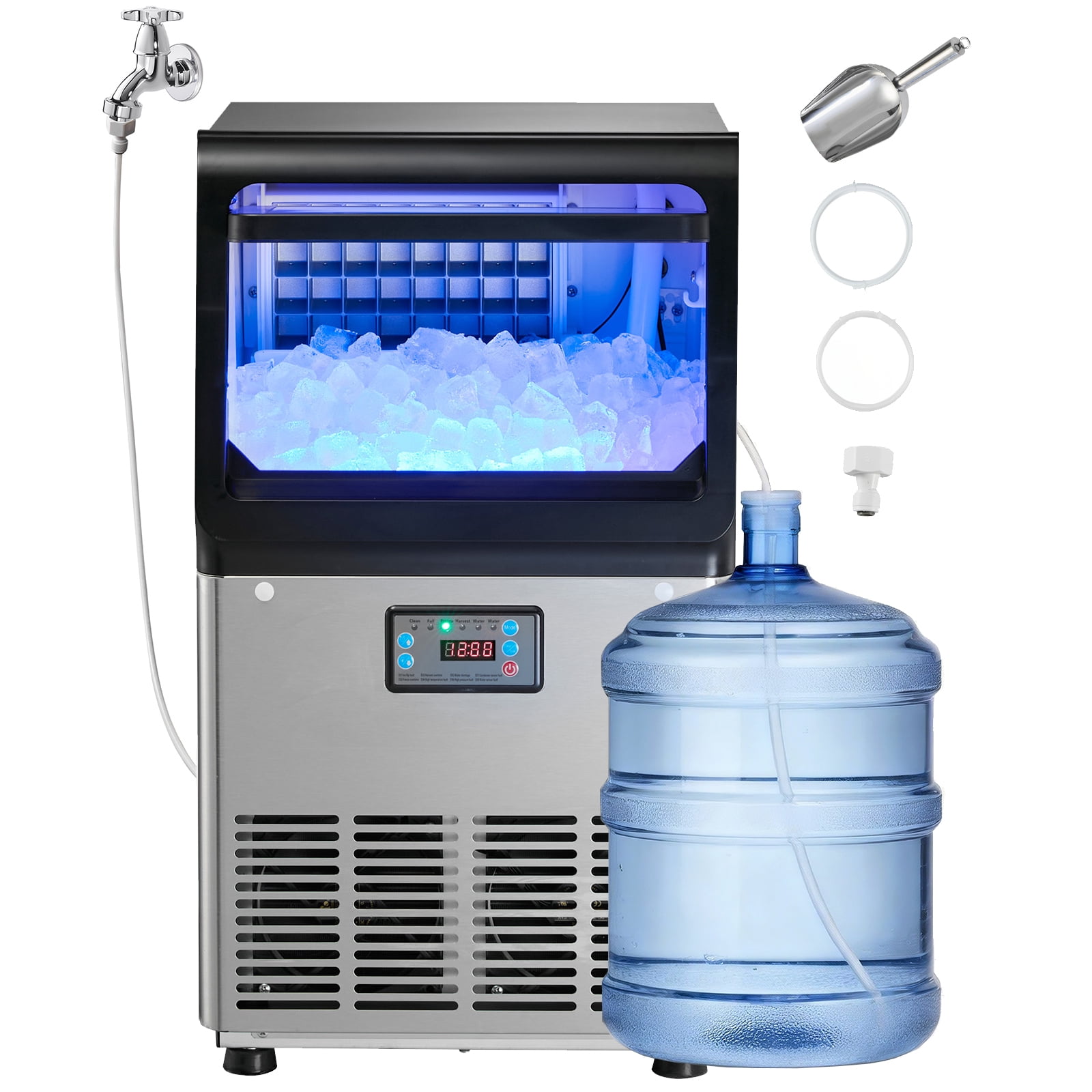 KFFKFF Commercial Ice Maker Machine, 90 lbs/24h with 13 lbs Storage, Countertop/Freestanding/Under Counter, Stainless Steel Ice Machine with LED Display & Self-Cleaning, Ideal for Home, Bar