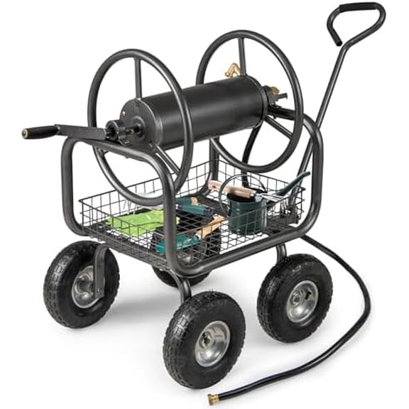 Hose Reel Cart, Hold Up to 300 ft of 5/8" Hoses, Metal Water Hoses Carts with Storage Basket, 4 Pneumatic Tires, Handle & Grip, Garden Hose Organizer for Backyard, Lawn & Patio$$Garden & Patio