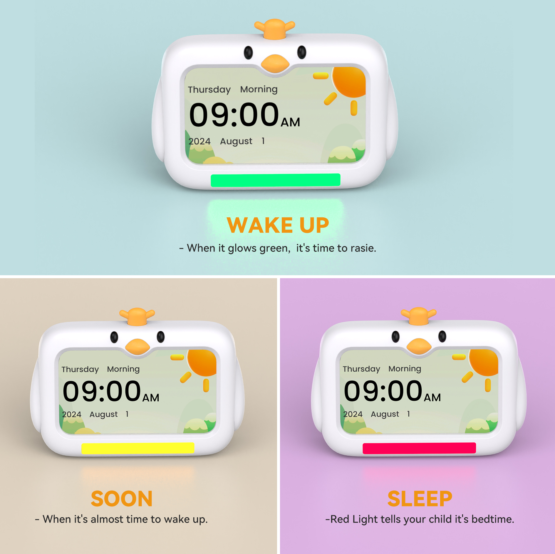 Mitoart Kids Alarm Clock - OK to Wake Clock for Toddlers,7 inch Sleep Training Clocks with Red/Green Lights, 8 Natural Sounds & 2 Levels Educational Alarm Clock for Kids.