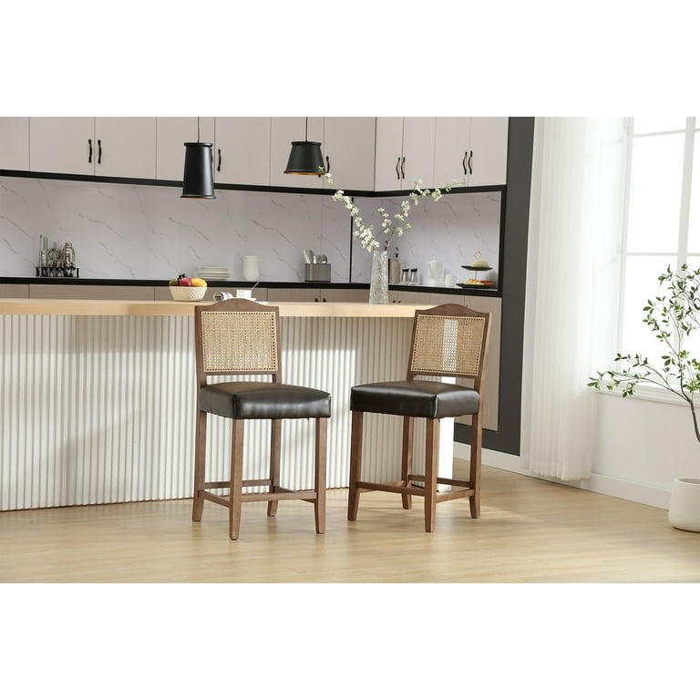 Dayalane Counter Height Bar Stools Set of 2 26 inch Farmhouse Wooden Barstools with Rattan Back Mid Century Modern PU Upholstered Breakfast Bar