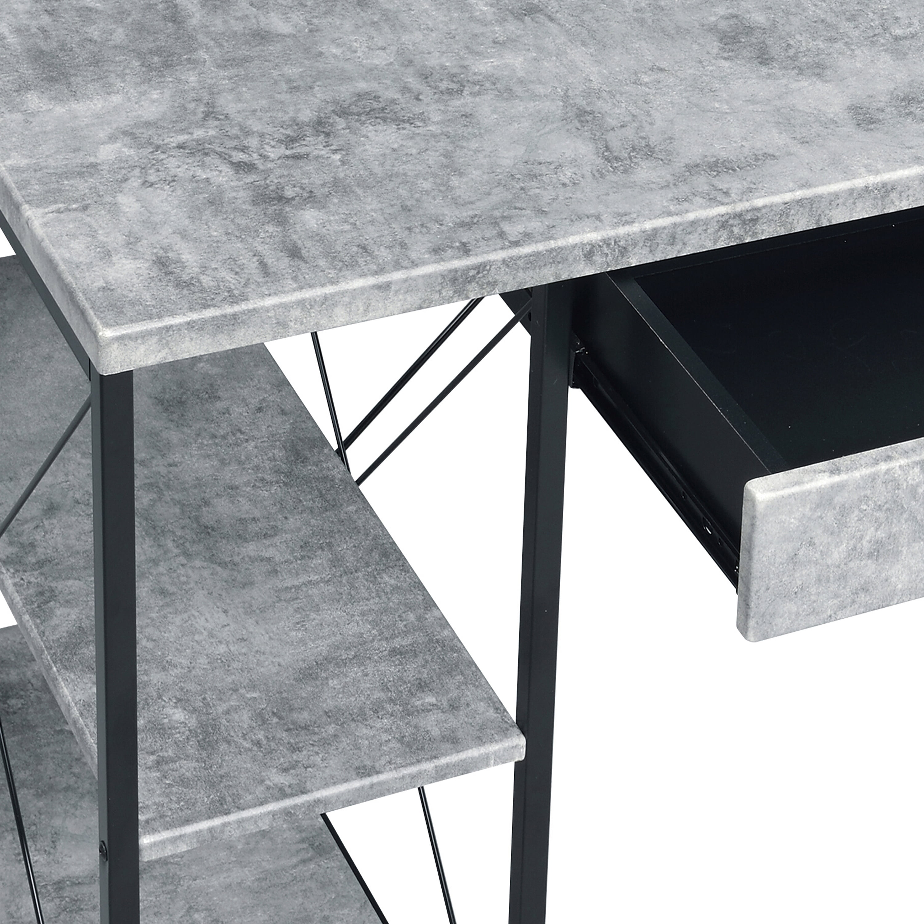 Astoutdoor Grey and Black Office Desk with Open Shelves and Hutch