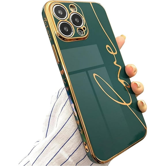 Compatible with iPhone 13 Pro Max 6.7 Inch Luxury Electroplated Case, Cute Plating Love Letter Graphic Phone Case for Women Girls Soft TPU Shockproof Camera Protective Back Cover - Green
