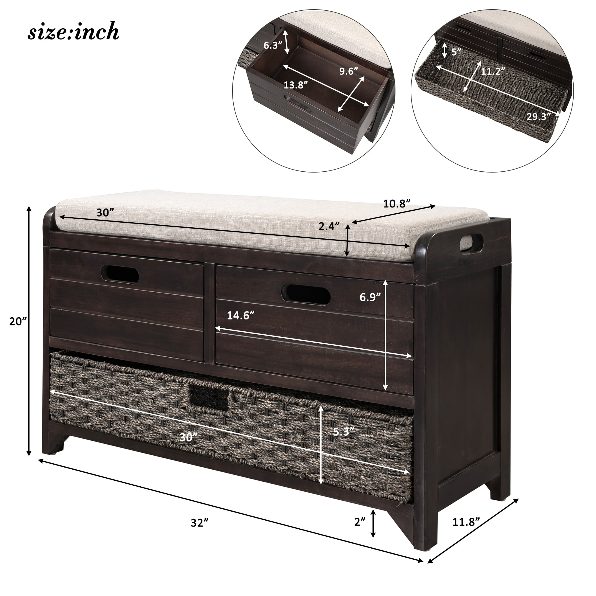 Aukfa Wood Storage Bench with Removable Basket and 2 Drawers for Entryway - Espresso