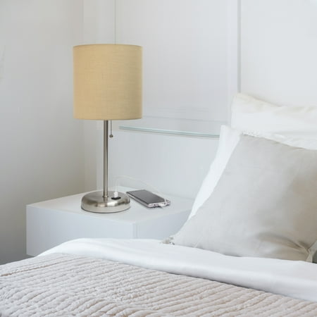Limelights - Stick Lamp with USB charging port and Fabric Shade - Silver/Tan