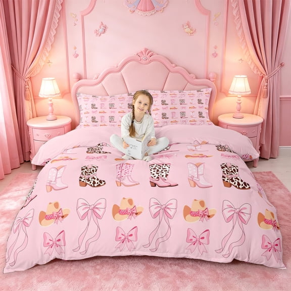 jejeloiu Chic Cow Cowboy Boot Duvet Cover Set Kids,Pink Cute Bow Bedding Full For Girls,Reversible,3-Piece(No Comforter)