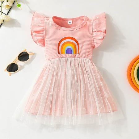 

ADXFWORU Toddler Girls Fly Sleeve Dresses Kids Rainbow Printed Tulle Princess Dress