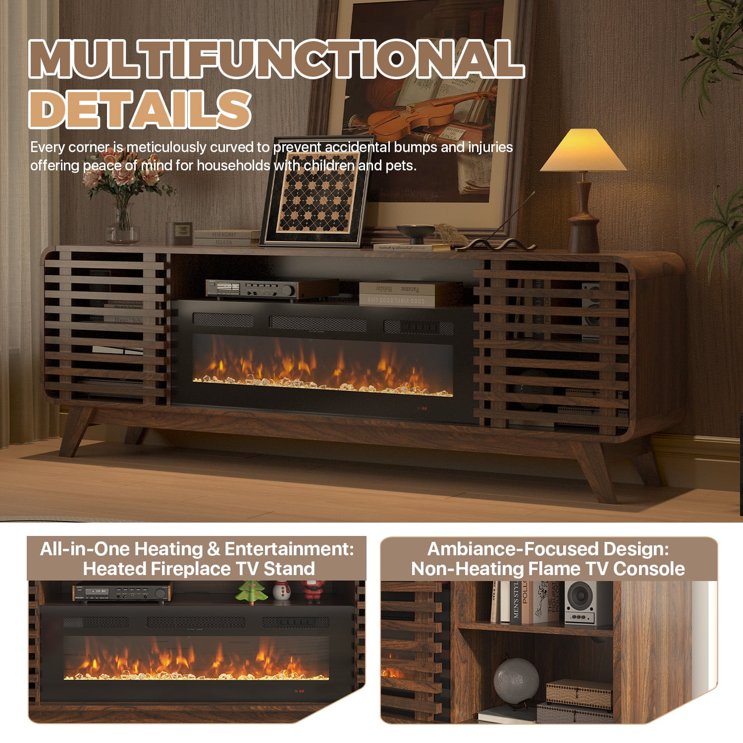BaPiPro 70" Fireplace TV Stand with 36" Electric Fireplace, for TVs up to 80", Mid-Century Wood Entertainment Centre with Storage, Brown