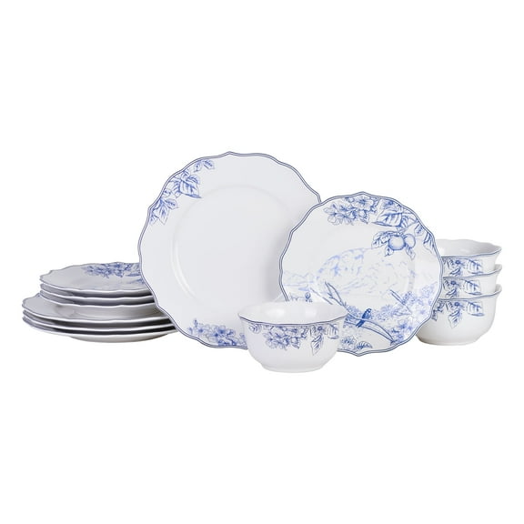222 Fifth Hudson Valley Blue Decal on White 12 Pc Set, Microwave Safe