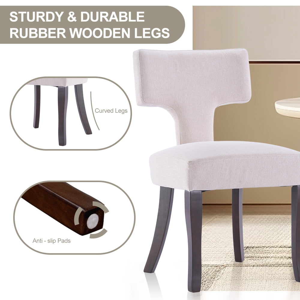 Mid Century Modern Wooden Dining Chairs Set of 2, Upholstered Side Dining Chairs with Curved Back Linen Fabric Armless Wood Chairs Kitchen & Dining Room Farmhouse Chairs (White)