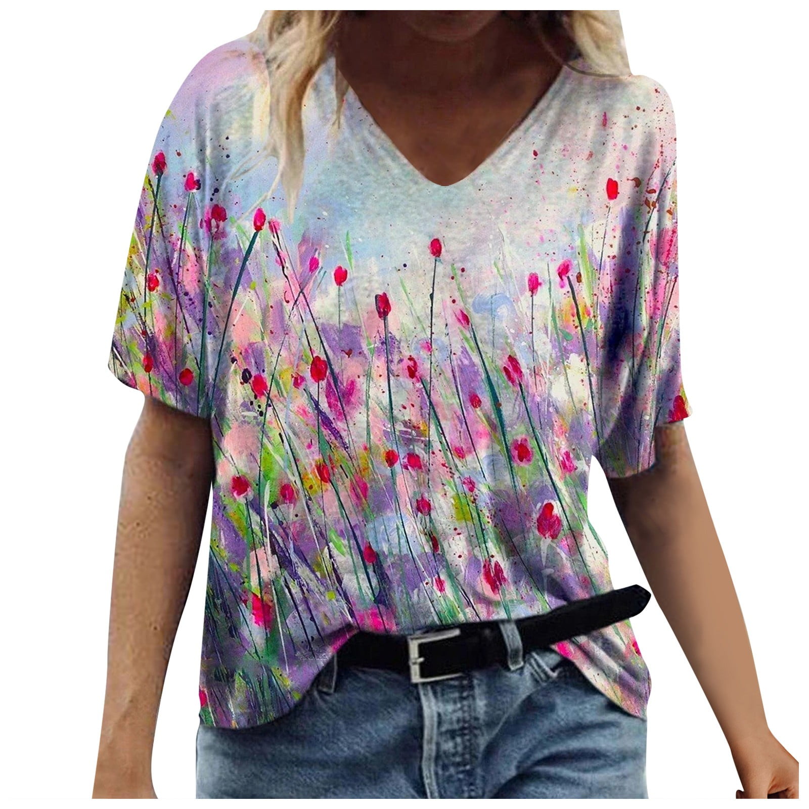 AOOCHASLIY Womens Tops Clearance Summer O-Neck Graphic Floral Print T ...
