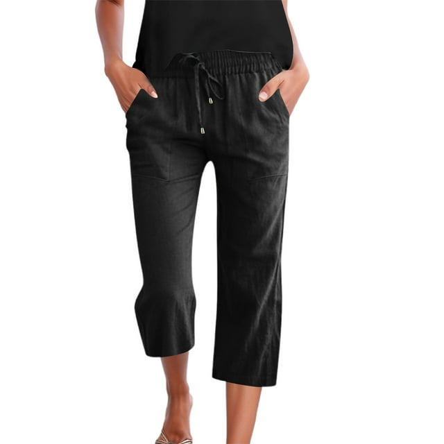 Pantalones 3/4 de mujer de color liso en mezcla de lino - Cintura con cordón y bolsillos - Ligeros para el verano - Ajuste regulable - Tallas S-XXXL