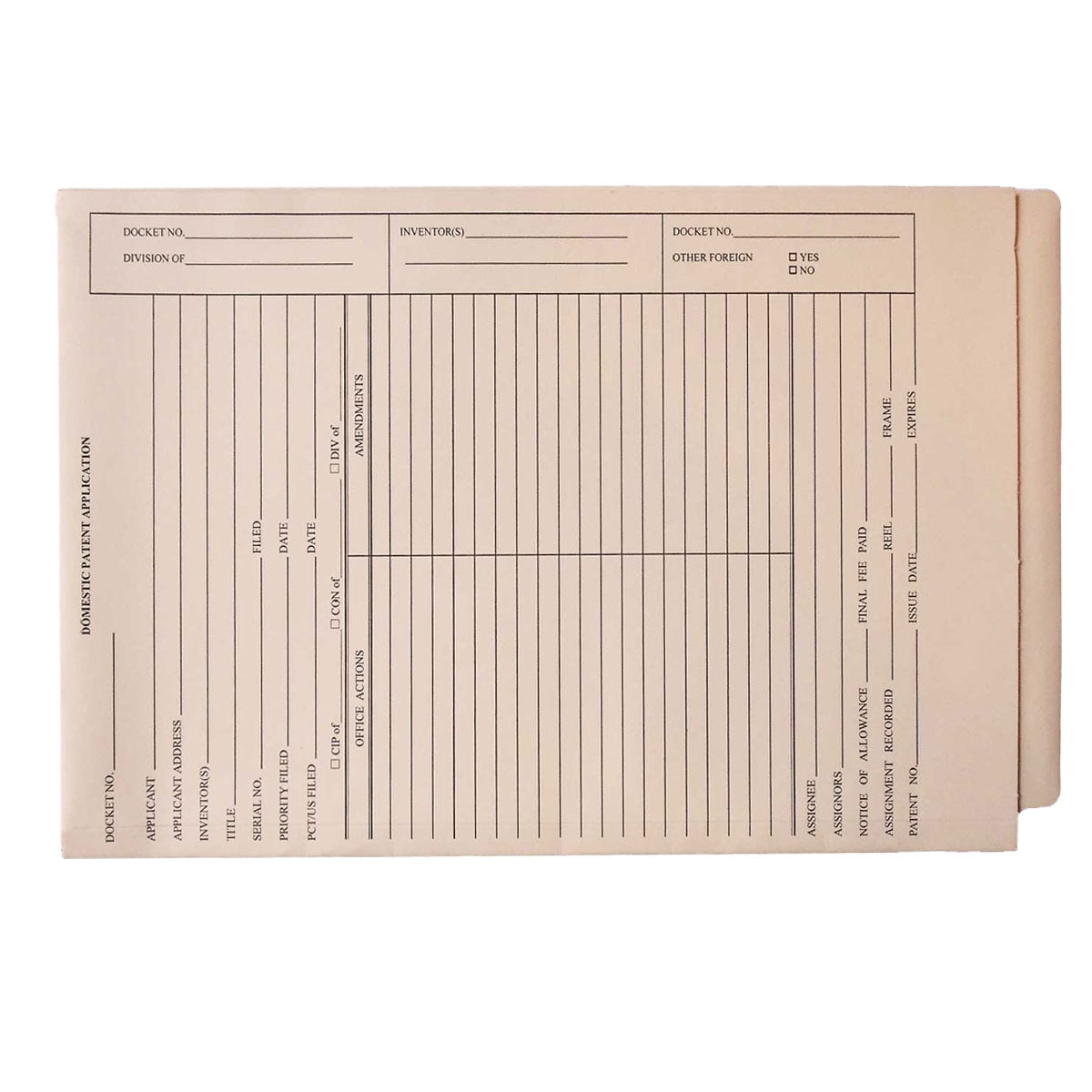 Patent and Trademark Folder, End Tab for Shelf Filing, Manila -"Domestic Patent Application" (Box of 25)