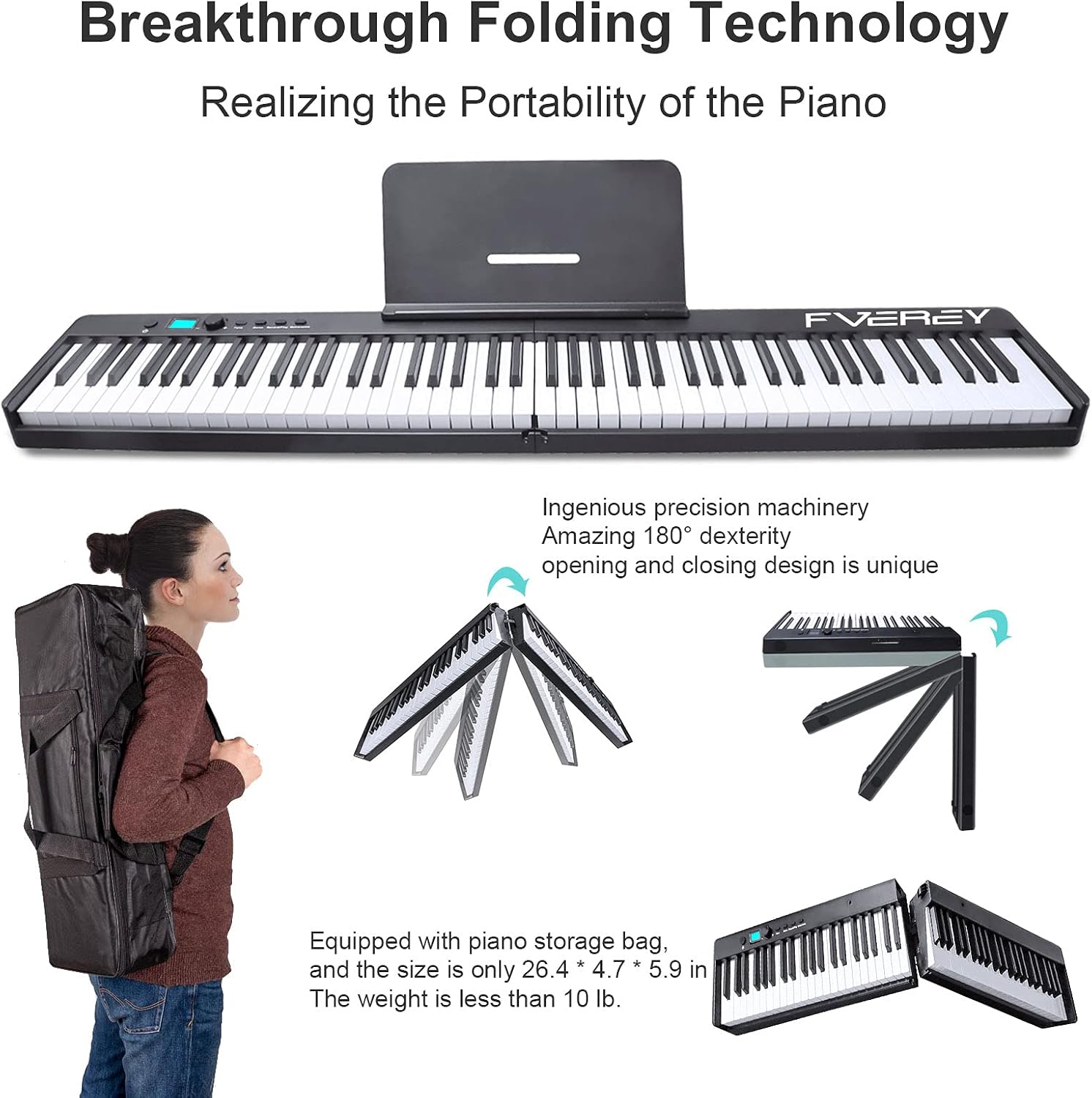 88-Key Folding Digital Piano Keyboard, Weighted, Full Size   with Sustain Pedal, Handbag, Bluetooth, USB MIDI for Beginner, Adult